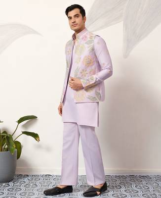 LAVENDER SATIN SILK THEAD WITH SEQUINS EMBROIDERED WORK WEDDING FUNCTION FESTIVAL PARTY WEAR STRAIGHT KURTA PANT KOTI 8