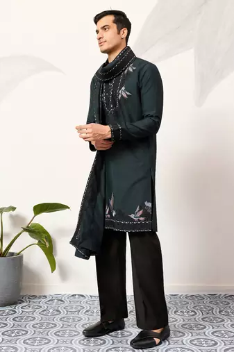 Green viscose silk thread with sequence embroidered work kurta & dupatta