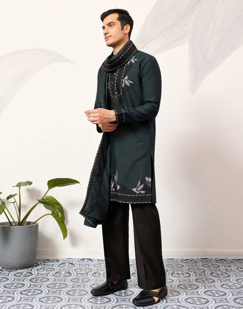 Green viscose silk thread with sequence embroidered work kurta & dupatta