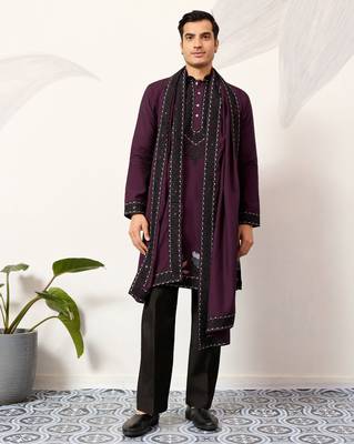 Purple viscose silk thread with sequence embroidered work kurta & dupatta 1