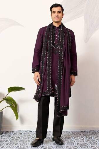 Purple viscose silk thread with sequence embroidered work kurta & dupatta