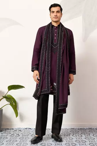 Purple viscose silk thread with sequence embroidered work kurta & dupatta