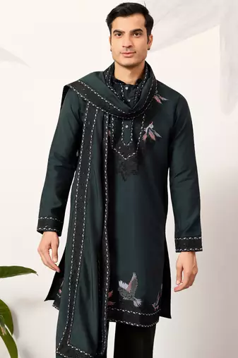 Green viscose silk thread with sequence embroidered work kurta & dupatta