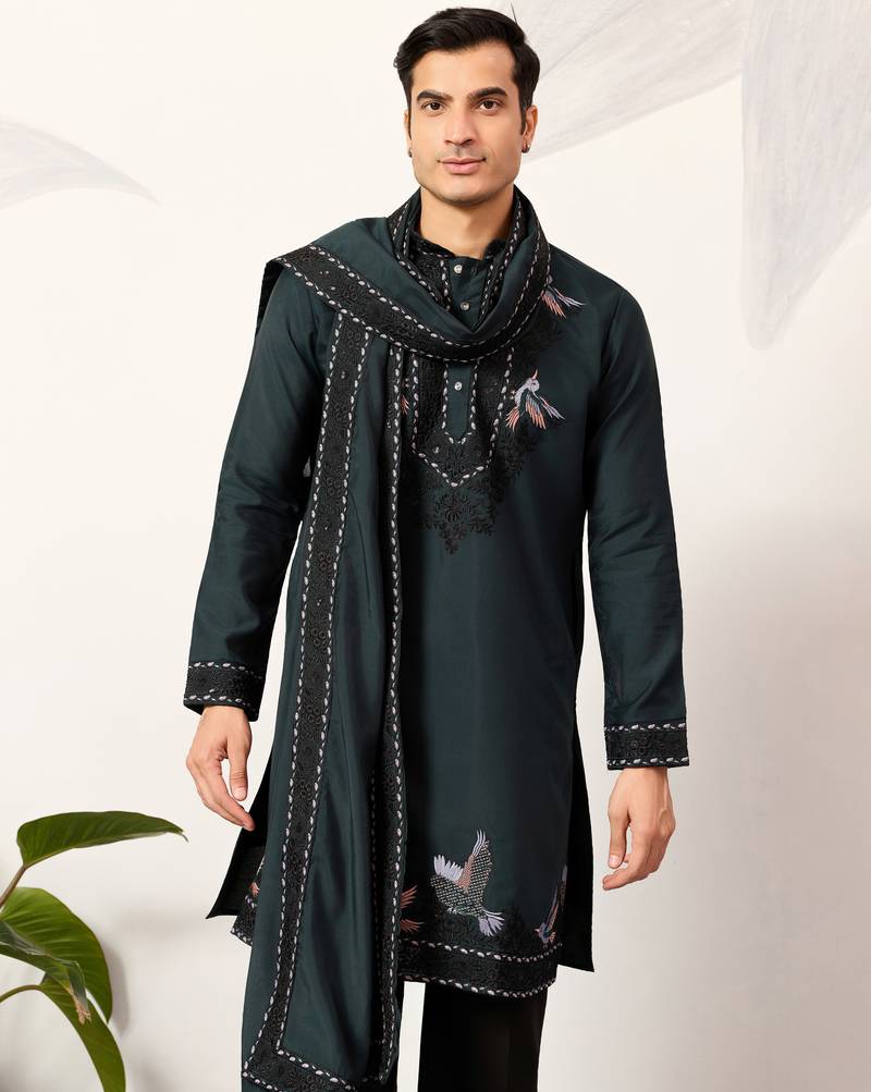 Green viscose silk thread with sequence embroidered work kurta & dupatta