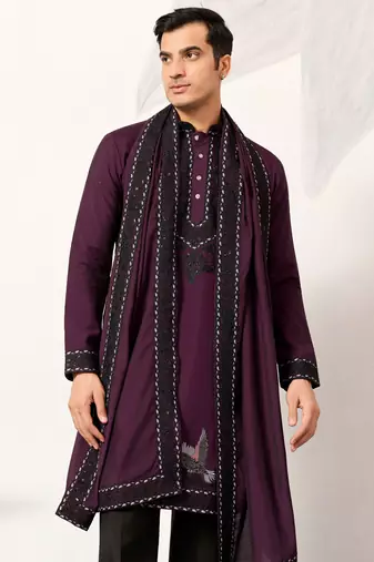 Purple viscose silk thread with sequence embroidered work kurta & dupatta