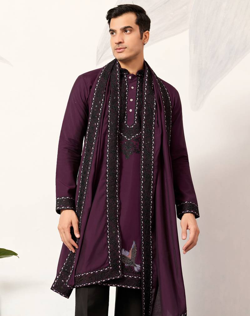 Purple viscose silk thread with sequence embroidered work kurta & dupatta