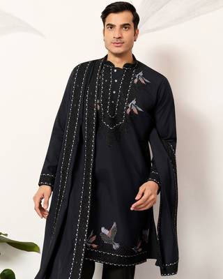 Navy blue viscose silk thread with sequence embroidered work kurta & dupatta 3