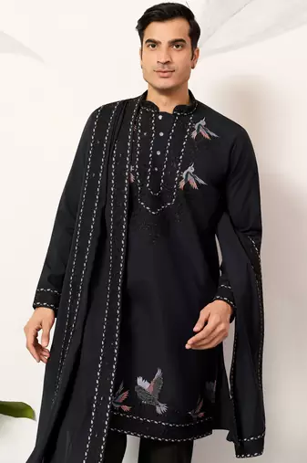 Navy blue viscose silk thread with sequence embroidered work kurta & dupatta