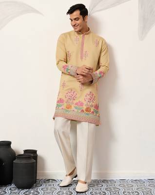 Yellow viscose silk thread with sequence embroidered work kurta only 1