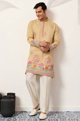 Yellow viscose silk thread with sequence embroidered work kurta only