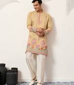 Yellow viscose silk thread with sequence embroidered work kurta only