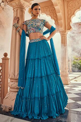 Blue Embroidered Silk Lehenga Set