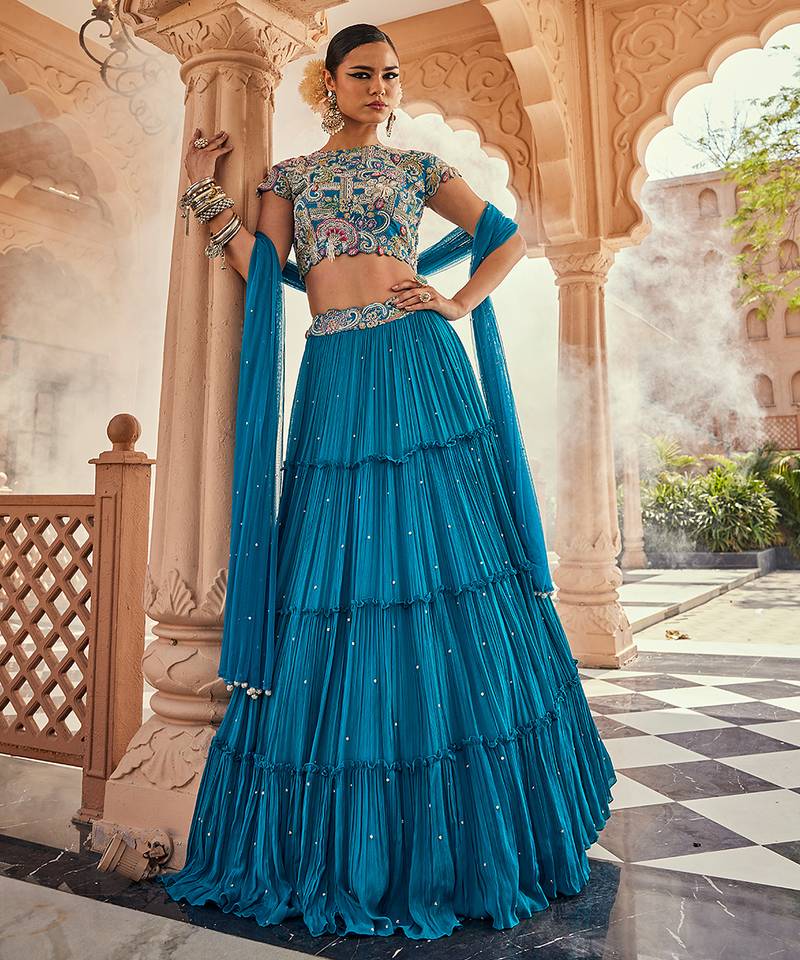 Blue Embroidered Silk Lehenga Set
