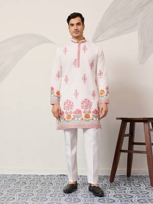 White viscose silk thread with sequence embroidered work kurta only 1