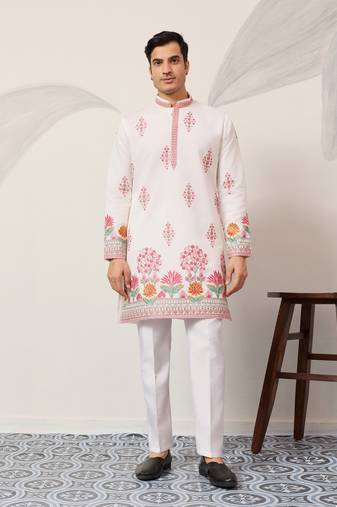 White viscose silk thread with sequence embroidered work kurta only