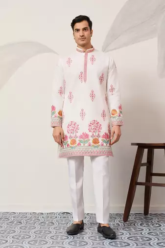 White viscose silk thread with sequence embroidered work kurta only