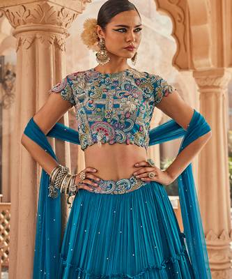 Blue Embroidered Silk Lehenga Set 2