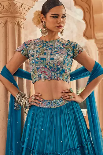 Blue Embroidered Silk Lehenga Set