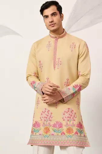 Yellow viscose silk thread with sequence embroidered work kurta only