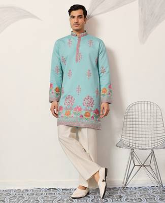 Sky blue viscose silk thread with sequence embroidered work kurta only 1