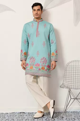 Sky blue viscose silk thread with sequence embroidered work kurta only