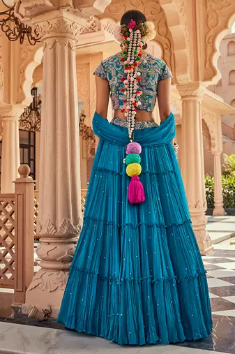Blue Embroidered Silk Lehenga Set