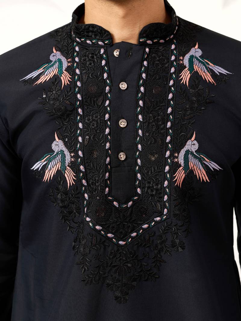 Navy blue viscose silk thread with sequence embroidered work kurta & dupatta