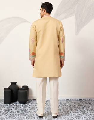 Yellow viscose silk thread with sequence embroidered work kurta only 3