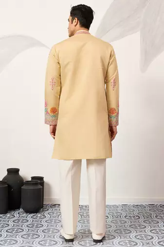 Yellow viscose silk thread with sequence embroidered work kurta only