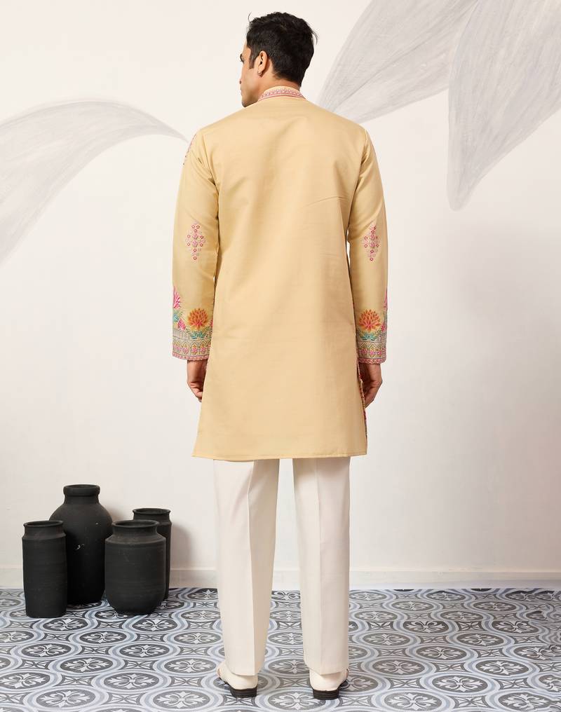 Yellow viscose silk thread with sequence embroidered work kurta only