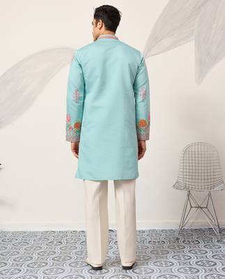 Sky blue viscose silk thread with sequence embroidered work kurta only 2