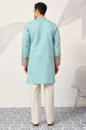 Sky blue viscose silk thread with sequence embroidered work kurta only