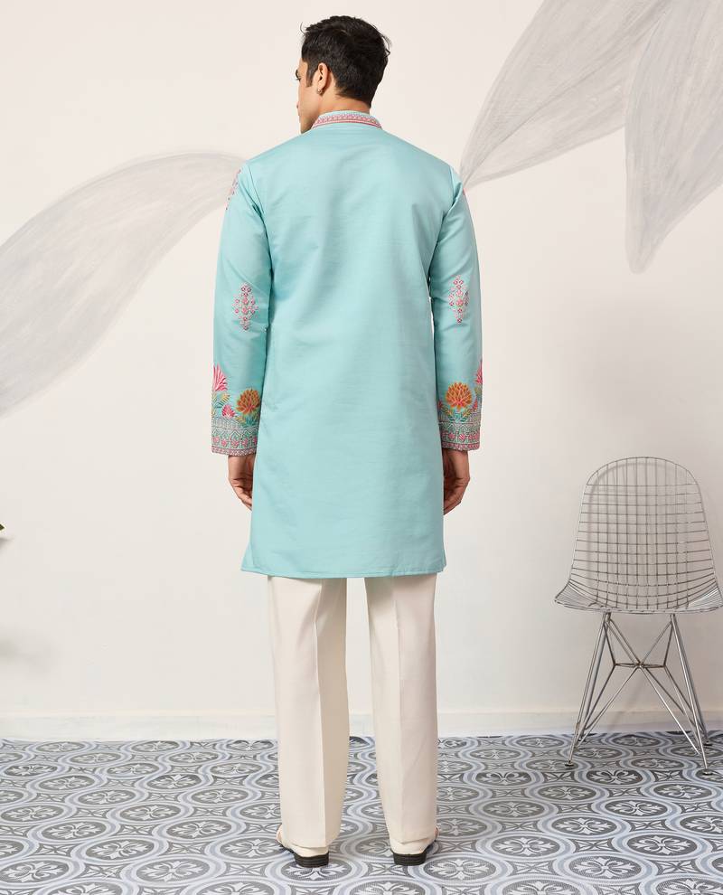 Sky blue viscose silk thread with sequence embroidered work kurta only