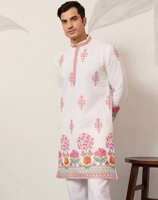 White viscose silk thread with sequence embroidered work kurta only 3