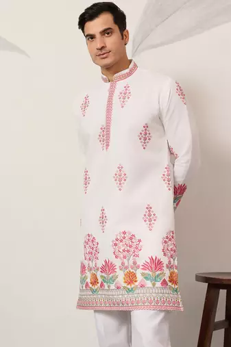 White viscose silk thread with sequence embroidered work kurta only