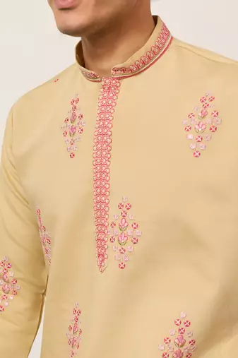 Yellow viscose silk thread with sequence embroidered work kurta only