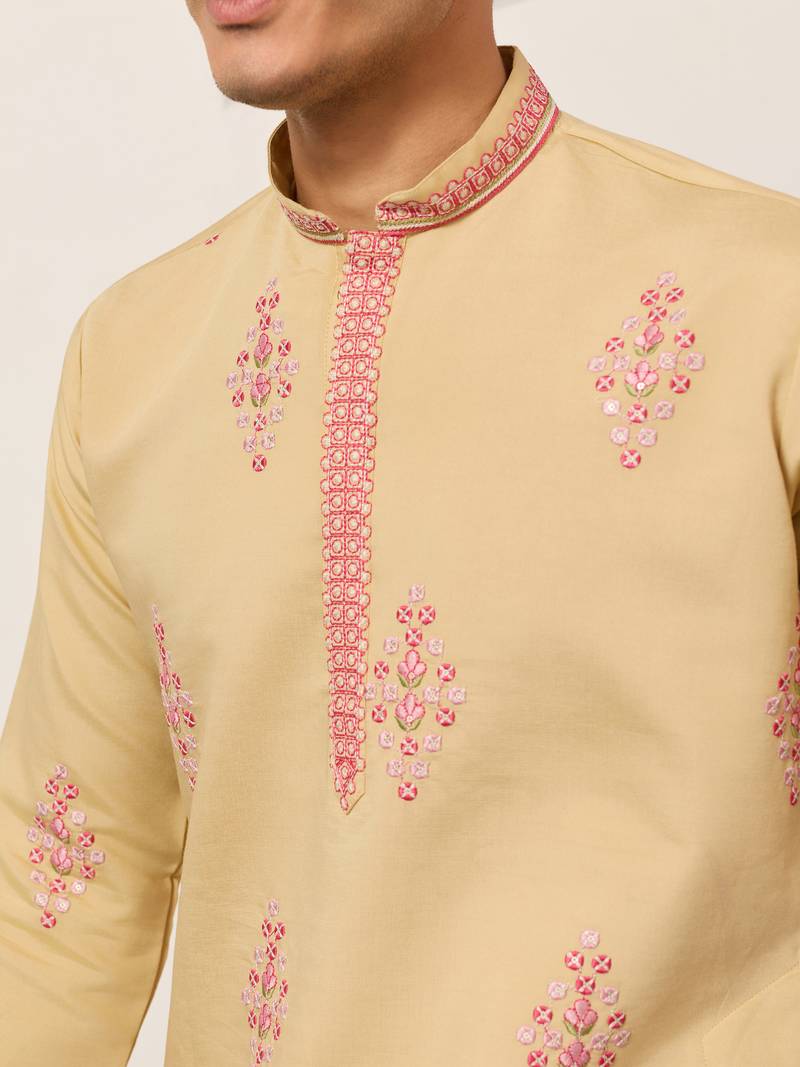 Yellow viscose silk thread with sequence embroidered work kurta only