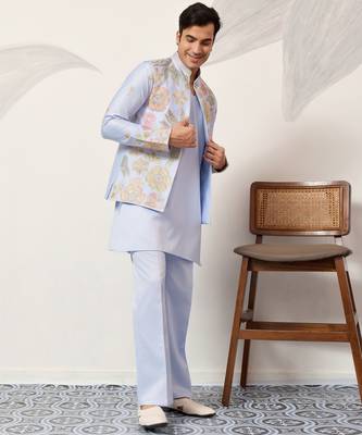 SKY BLUE SATIN SILK THEAD WITH SEQUINS EMBROIDERED WORK WEDDING FUNCTION FESTIVAL PARTY WEAR STRAIGHT KURTA PANT KOTI 9