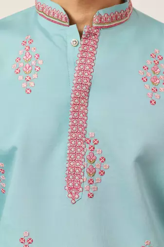 Sky blue viscose silk thread with sequence embroidered work kurta only