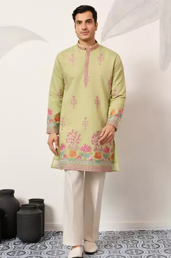 Pista viscose silk thread with sequence embroidered work kurta only