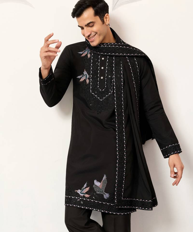 Black viscose silk thread with sequence embroidered work kurta & dupatta