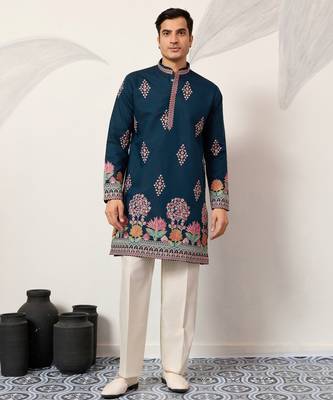 Teal viscose silk thread with sequence embroidered work kurta only 1