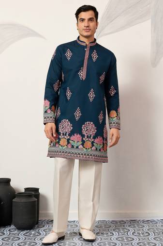 Teal viscose silk thread with sequence embroidered work kurta only