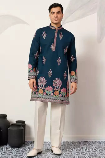 Teal viscose silk thread with sequence embroidered work kurta only