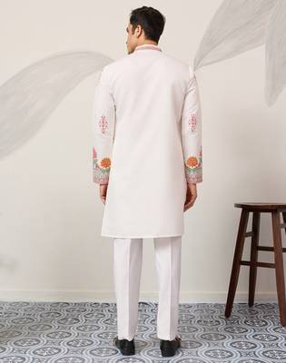White viscose silk thread with sequence embroidered work kurta only 5