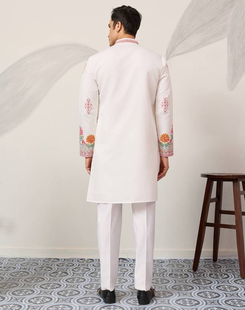 White viscose silk thread with sequence embroidered work kurta only