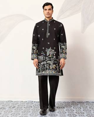 Black viscose silk thread with sequence embroidered work kurta only 1