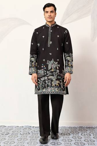 Black viscose silk thread with sequence embroidered work kurta only