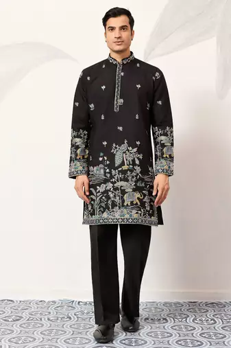 Black viscose silk thread with sequence embroidered work kurta only