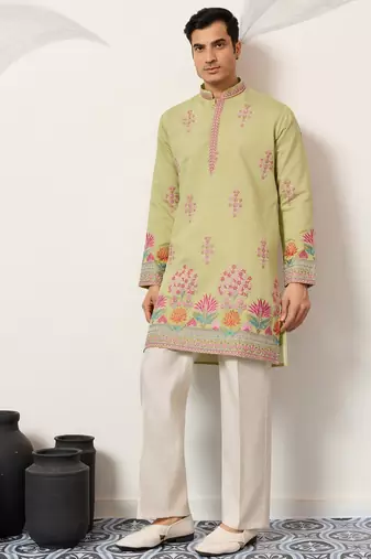 Pista viscose silk thread with sequence embroidered work kurta only